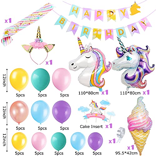 Unicornio Decoración de Unicornio Globos de Cumpleaños Banner 3D Globo de Látex Unicornio Banda de Satén Torta de Cumpleaños Unicornio Favores de Cumpleaños para Niña Suministros Fiesta