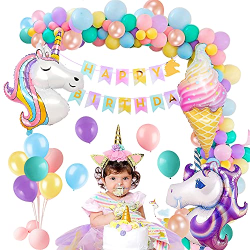 Unicornio Decoración de Unicornio Globos de Cumpleaños Banner 3D Globo de Látex Unicornio Banda de Satén Torta de Cumpleaños Unicornio Favores de Cumpleaños para Niña Suministros Fiesta