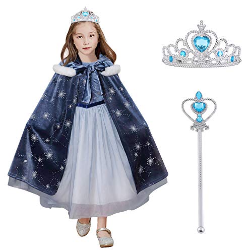 URAQT Disfraz de Elsa con Capa, Vestido de Princesa Elsa Anna con Varita de Hada y Tiara de Corona, Infantil Niñas Costume, Cosplay de Disfraz de Halloween, Cumpleaños, Carnaval y la Fiesta