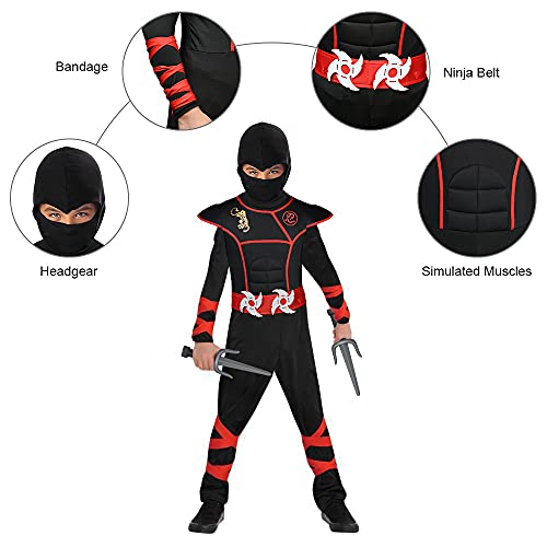 URAQT Disfraz de Ninja, Disfraz para Niños con Diseño Ninja, Mono de Superhéroe de Cosplay ​para Niños, Disfraz Infantil para Fiesta, Carnaval, Halloween (Rojo Negro)