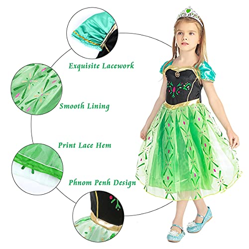 URAQT Niña Princesa Coronación Vestido, Disfraz de Elsa Anna con Varita Corona Accesorios, Vestido de Cosplay, Cumpleaños Fiesta Cosplay Carnaval Cosplay Halloween Traje, Talla 2-3 años, Verde