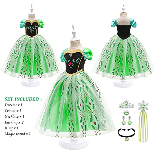 URAQT Niña Princesa Coronación Vestido, Disfraz de Elsa Anna con Varita Corona Accesorios, Vestido de Cosplay, Cumpleaños Fiesta Cosplay Carnaval Cosplay Halloween Traje, Talla 2-3 años, Verde