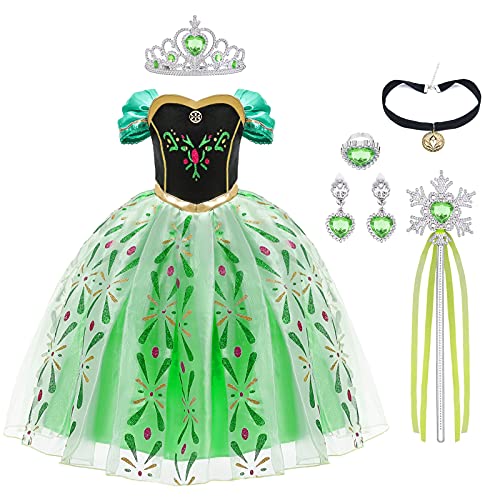 URAQT Niña Princesa Coronación Vestido, Disfraz de Elsa Anna con Varita Corona Accesorios, Vestido de Cosplay, Cumpleaños Fiesta Cosplay Carnaval Cosplay Halloween Traje, Talla 2-3 años, Verde