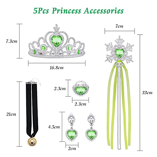 URAQT Niña Princesa Coronación Vestido, Disfraz de Elsa Anna con Varita Corona Accesorios, Vestido de Cosplay, Cumpleaños Fiesta Cosplay Carnaval Cosplay Halloween Traje, Talla 4-5 años, Verde