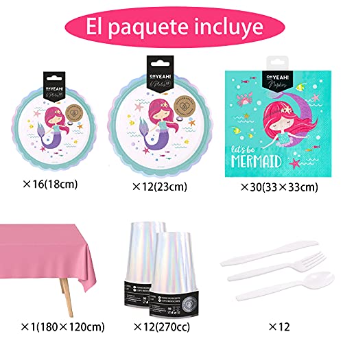 Vajilla Desechable Sirena,para Cumpleaños Niña, Incluye Plato Postre Cartón,Vaso Iridiscente,Servilleta,Cubierto Reutilizable y Mantel Rosa Pastel-Vajilla Biodegradable de Fibra Natural y Reciclable