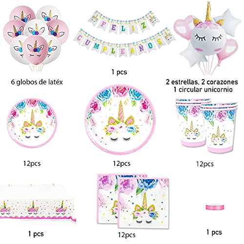 Vajilla Unicornios Cumpleaños-Plato Desechable,Vaso de carton,Servilletas Papel, Manteles y decoracion Fiestas Globos y Guirnaldas feliz cumpleaños-12 Invitados,kit para Infantiles Niña Mujer,Rosas