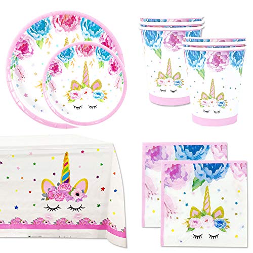 Vajilla Unicornios Cumpleaños-Plato Desechable,Vaso de carton,Servilletas Papel, Manteles y decoracion Fiestas Globos y Guirnaldas feliz cumpleaños-12 Invitados,kit para Infantiles Niña Mujer,Rosas