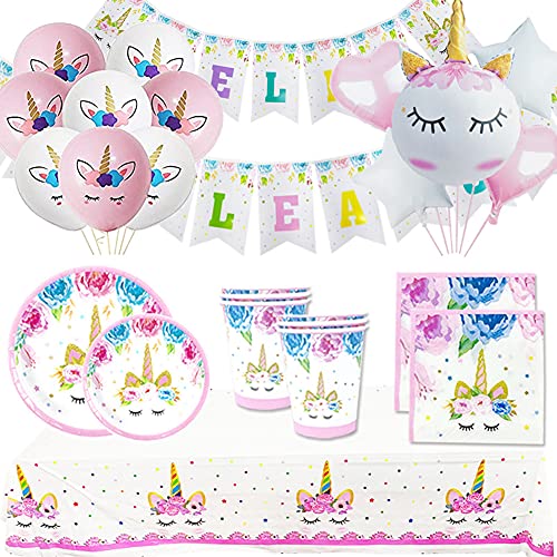 Vajilla Unicornios Cumpleaños-Plato Desechable,Vaso de carton,Servilletas Papel, Manteles y decoracion Fiestas Globos y Guirnaldas feliz cumpleaños-12 Invitados,kit para Infantiles Niña Mujer,Rosas