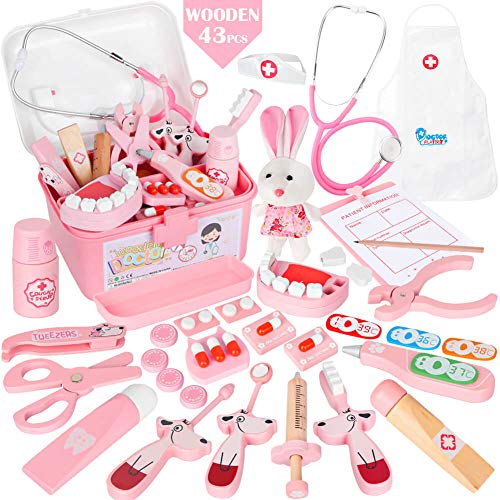 Vanplay Madera Doctora Juguetes Maleta Médica con Rosa Medico Kit Regalo para Niños 3 4 5 Años, 43PCS