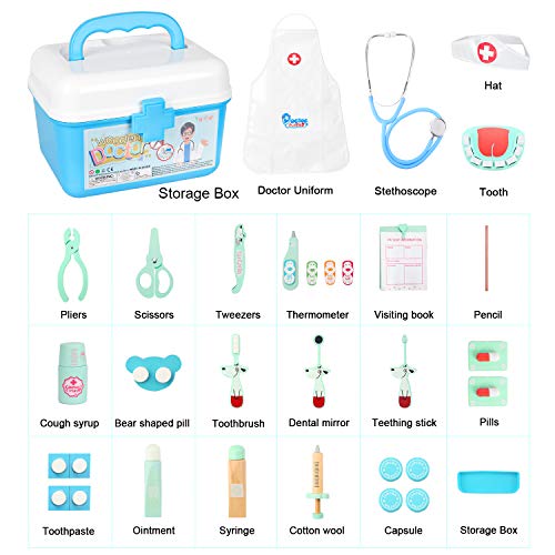 Vanplay Madera Maleta Médica Juguete Doctora Estetoscopio Juego Herramienta de Dentista Azul para Niños, 42PCS