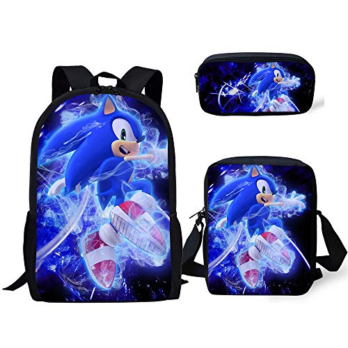 Vercico Sonic Mochila Infantil, Estuche para Lápices, Bandolera Set de 3, Estuche Sonic Escolar para Niño Niña Laptop Mochilas Libro Bolsas Adulto Bolsa de Hombro Daypacks Merchandise