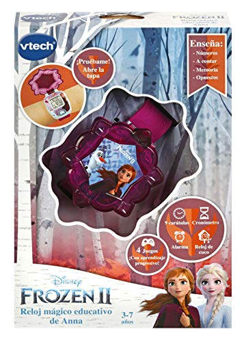 VTech - Frozen II, Reloj mágico educativo Anna, reloj multifunción con diferentes juegos, tapa protectora y pantalla con animaciones de los personajes Elsa, Anna y Olaf, color morado (80-518867)