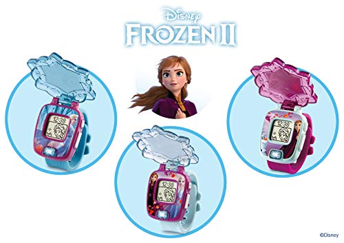 VTech - Frozen II, Reloj mágico educativo Anna, reloj multifunción con diferentes juegos, tapa protectora y pantalla con animaciones de los personajes Elsa, Anna y Olaf, color morado (80-518867)