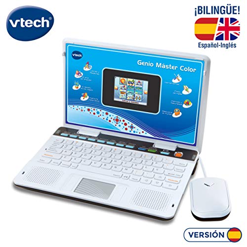 VTech Genio Máster Bilingüe, Ordenador portátil para niños, pantalla, enseña vocabulario, matemáticas, ciencias a través de 180 actividades en español e inglés, color azul (80-133847), (3480-133847)