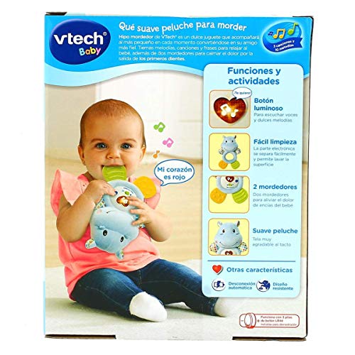 VTech- HIPO mordedor Hipopótamo de peluche musical y sonajero que ayuda a calmar y aliviar a tu bebe con tiernas frases, canciones y melodías, Color azul (3480-502522)