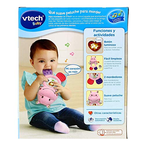 VTech Hipo Mordedor Hipopótamo de peluche musical y sonajero que ayuda a calmar y aliviar a tu bebe con tiernas frases, canciones y melodías, color rosa (3480-502557) , color/modelo surtido