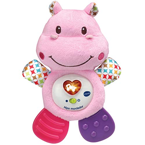 VTech Hipo Mordedor Hipopótamo de peluche musical y sonajero que ayuda a calmar y aliviar a tu bebe con tiernas frases, canciones y melodías, color rosa (3480-502557) , color/modelo surtido