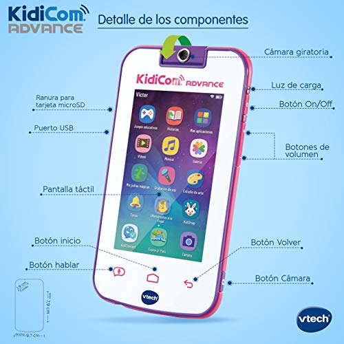 VTech - Kidicom Advance, dispositivo inteligente para niños, pantalla táctil 5" HD, objetivo giratorio 180º para fotos, selfis y vídeos, control parental, juegos, color blanco/rosa (80-186657)