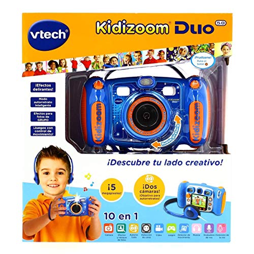 VTech Kidizoom Duo 5.0 - Cámara de fotos digital, infantil con 5 megapíxeles, pantalla a color, juguete para aprender en casa, 10 funciones diferentes, 2 objetivos, azul