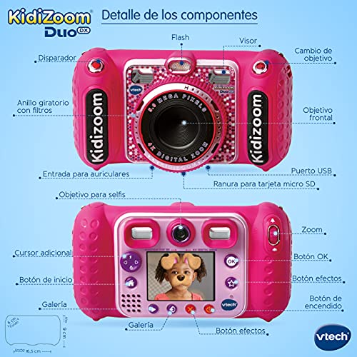 VTech - Kidizoom DUO DX, cámara de fotos para niños, vídeos, filtros, reproductor de música, juegos, USB, control parental, versión ESP, color rosa (3480-520057)