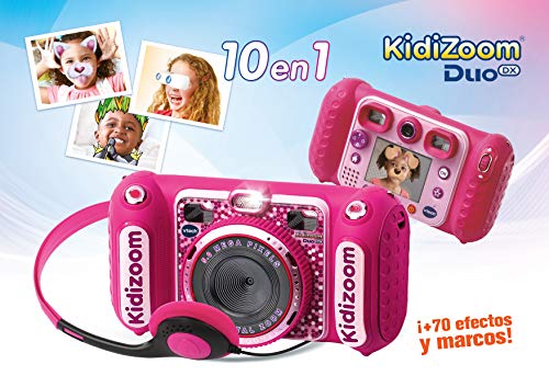 VTech - Kidizoom DUO DX, cámara de fotos para niños, vídeos, filtros, reproductor de música, juegos, USB, control parental, versión ESP, color rosa (3480-520057)