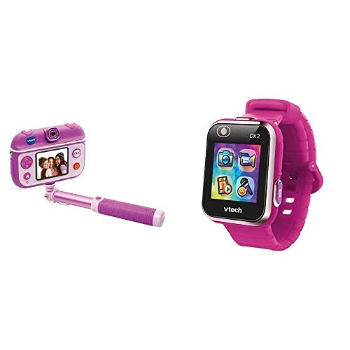 VTech Kidizoom Selfiecam Cámara De Fotos, Color Morado, Única (3480 193722) + Kidizoom Smart Watch Dx2 para Niños, Color Rosa (Frambuesa) (80 193847)