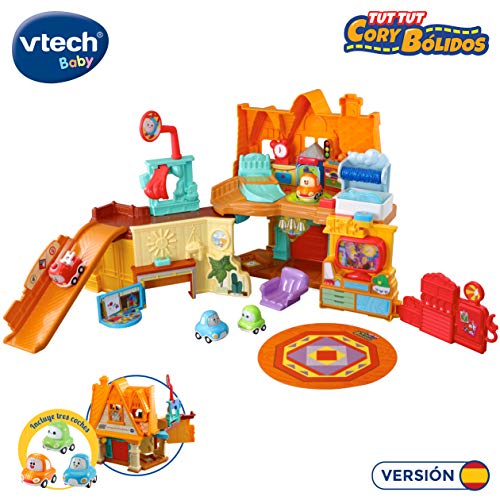 VTech - La Casa de TutTut Bólidos, playset interactivo con diferentes elementos para manipular e interactuar, incluye tres vehículos y varias zonas mágicas que activan respuestas, multicolor