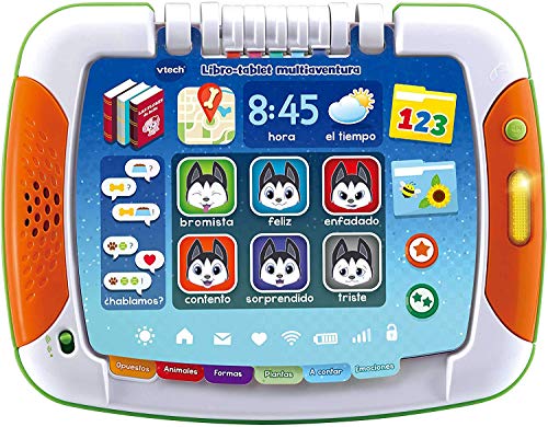 VTech - Libro/Tablet multiaventura, Tablet para niños +2 años, Tablero Interactivo y Libro Tradicional, aprende los Colores, Las Formas geométricas a través de Cuentos y páginas ilustradas