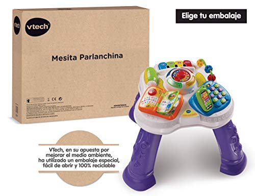 VTech - Mesita parlanchina 2 en 1, Juguete para bebes +9 meses, Mesa de actividades con panel extraíble, 6 zonas interactivas, multicolor, embalaje sostenible, SPB, versión ESP (3480-148067)