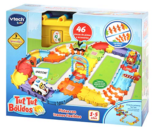 VTech Pistas con tramos Bólidos, Set de Piezas Flexibles para Formar más de 6 circuitos Diferentes, se Pueden conectar con el Resto de playsets TutTut (3480-524422), Multicolor