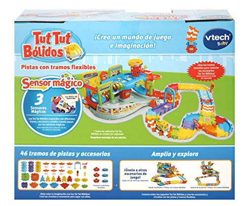 VTech Pistas con tramos Bólidos, Set de Piezas Flexibles para Formar más de 6 circuitos Diferentes, se Pueden conectar con el Resto de playsets TutTut (3480-524422), Multicolor