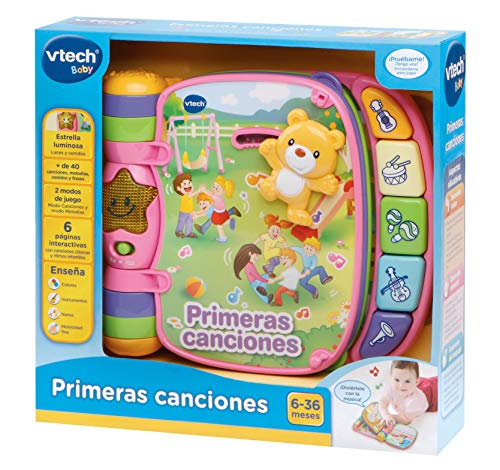 VTech - Primeras canciones, libro interactivo para bebé +6 meses con las canciones infantiles más populares, aprende instrumentos, sonidos y notas musicales, color rosa (80-166757)