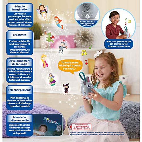 VTech StoriKid Pocket Gris - Caja de Historias portátil para niños de 3 a 8 años - Versión FR