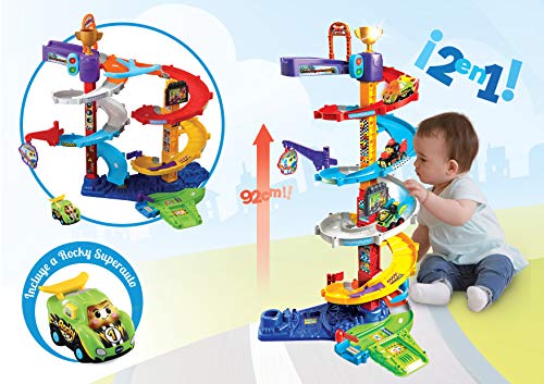 VTech Torre Supertornado TutTut Bólidos, Circuito de garaje, pistas para combinar, diferentes recorridos, espiral, incluye el vehículo Rocky el Superbólido (3480-535022)