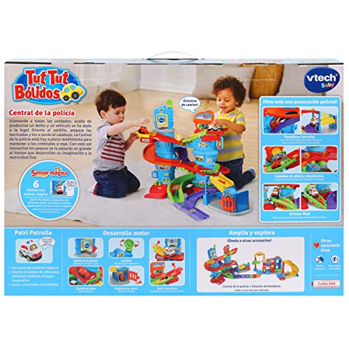 VTech - Tut Tut Bólidos Central de policía, Playset interactivo con diferentes tramos y niveles de pistas, incluye un coche de policía y otro de los ladrones, multicolor (3480-512922)