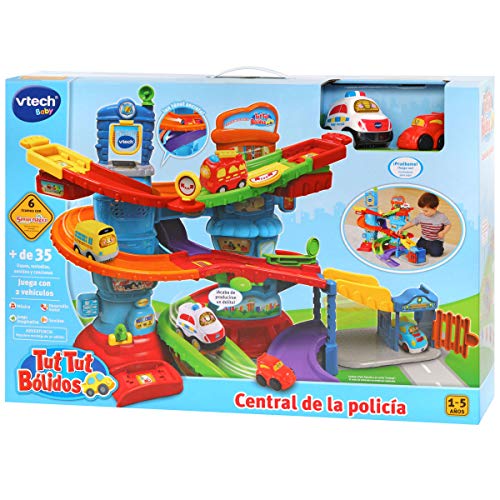 VTech - Tut Tut Bólidos Central de policía, Playset interactivo con diferentes tramos y niveles de pistas, incluye un coche de policía y otro de los ladrones, multicolor (3480-512922)