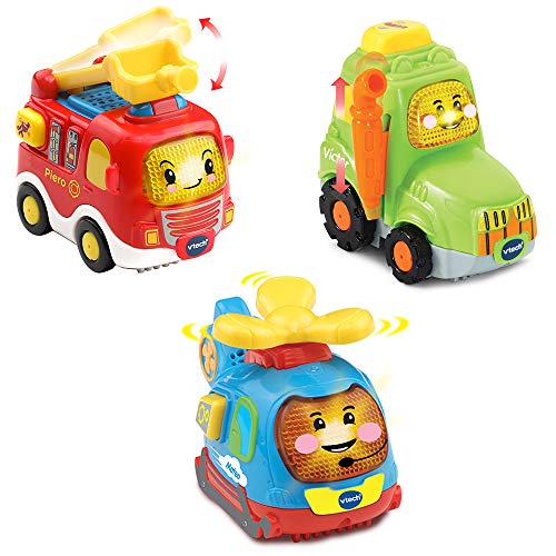 VTech TutTut Bólidos Pack de 3 coches con botón sorpresa, Piero el camión de bomberos, Víctor el tractor y Mateo el helicóptero, multicolor, única (3480-242122) , color/modelo surtido