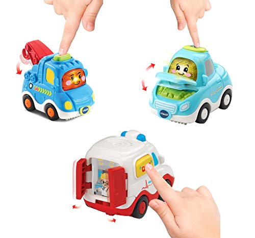 VTech TutTut Bólidos Pack de 3 vehículos con botón sorpresa, Lula camión grúa, Nina la ambulancia y Pilar coche familiar, multicolor (3480-242187)