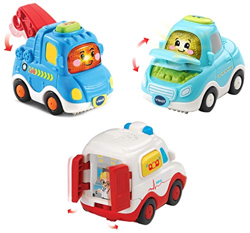 VTech TutTut Bólidos Pack de 3 vehículos con botón sorpresa, Lula camión grúa, Nina la ambulancia y Pilar coche familiar, multicolor (3480-242187)