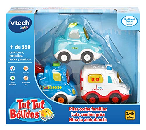 VTech TutTut Bólidos Pack de 3 vehículos con botón sorpresa, Lula camión grúa, Nina la ambulancia y Pilar coche familiar, multicolor (3480-242187)