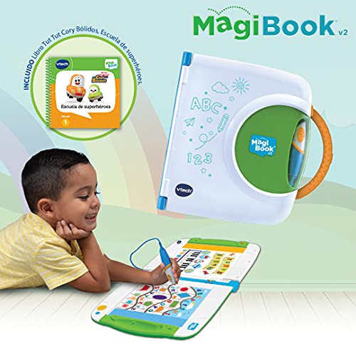 VTech VTech-123-613122 Magibook v2 Cory Bólidos, Sistema de Aprendizaje Interactivo para niños +2 años, Incluye Otro Libro de Muestra, versión ESP (3480-613122), Color