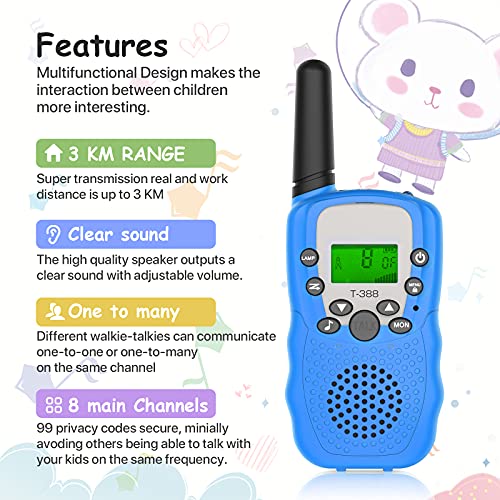 Walkie Talkie para Niños, NATRKE Walkie Talkie Niños 8 Canales LCD Pantalla con Linterna y Función VOX Bloqueo de Teclado, Larga Distancia 3KM, Juguetes Regalos para Niños o Niñas de 3 a12 Años, 3pcs