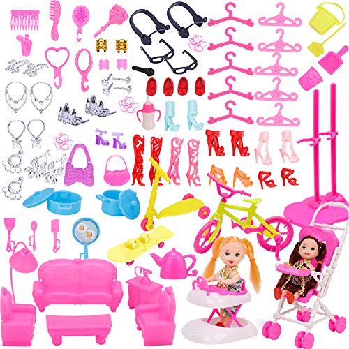 WENTS Accesorios para muñecas 108 Piezas Accesorios para Muñecas Dolls Incluyendo Zapatos Bolsas Collar Espejo Percha Vajilla Mini Accesorios de Cocina cumpleaños Soporte para niñas