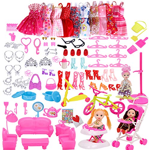 WENTS Accesorios para Muñecas Dolls 118 Piezas Ropa y Zapatos para Dolls Mini Vestidos de Moda para Dolls Perchas y Accesorios de Cocina Regalo de Cumpleaños Niñas …