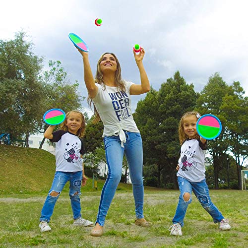 Weokeey Juego de Pelota para Niños, Juego de Bolas de Atrapar con 4 Paletas & 4 Pelotas Juegos de Exterior para Niños Impermeable Pelotas de Playa para Patio, Jardín, Interior & Exterior