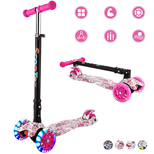 WeSkate - Patinete Niños Patinete de 3 Ruedas Plegables con Ruedas Luminosas y Manillar Ajustables para Niños y Niñas de 4 a 12 Años Multicolor e Impreso (Rosado)