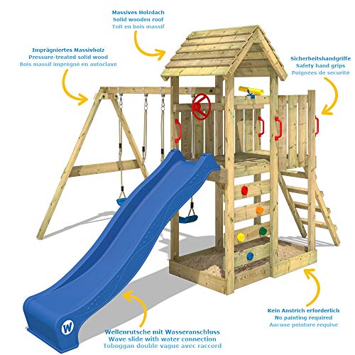 WICKEY Parque infantil de madera MultiFlyer con columpio y tobogán azul, Torre de escalada de exterior con techo, arenero y escalera para niños