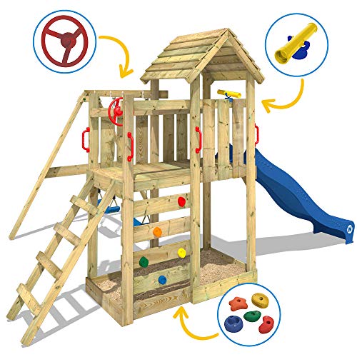 WICKEY Parque infantil de madera MultiFlyer con columpio y tobogán azul, Torre de escalada de exterior con techo, arenero y escalera para niños