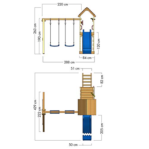 WICKEY Parque infantil de madera MultiFlyer con columpio y tobogán azul, Torre de escalada de exterior con techo, arenero y escalera para niños