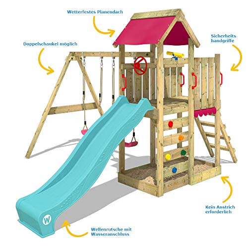 WICKEY Parque infantil de madera MultiFlyer con columpio y tobogán turquesa, Torre de escalada de exterior con arenero y escalera para niños